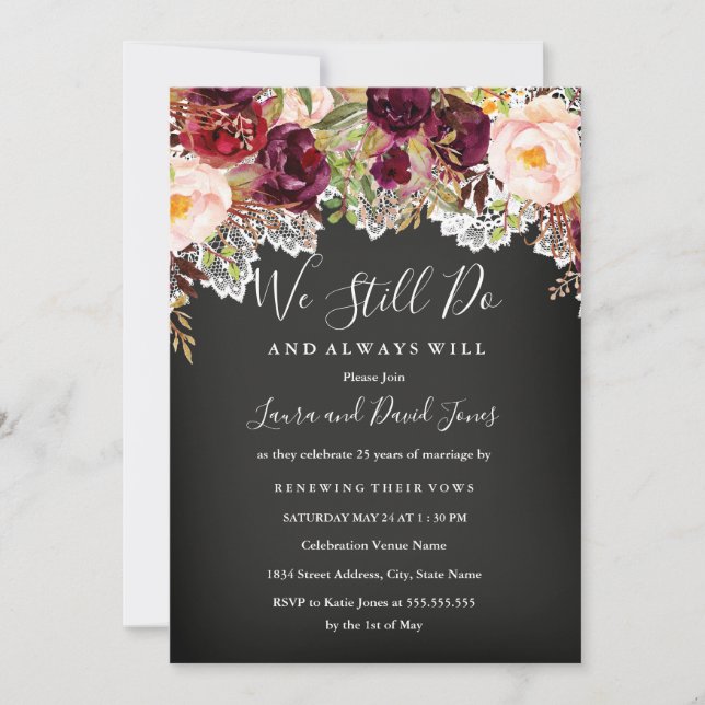 Chalkboard Burgundy Floral Wedding Vow Erneuerung Einladung (Vorderseite)