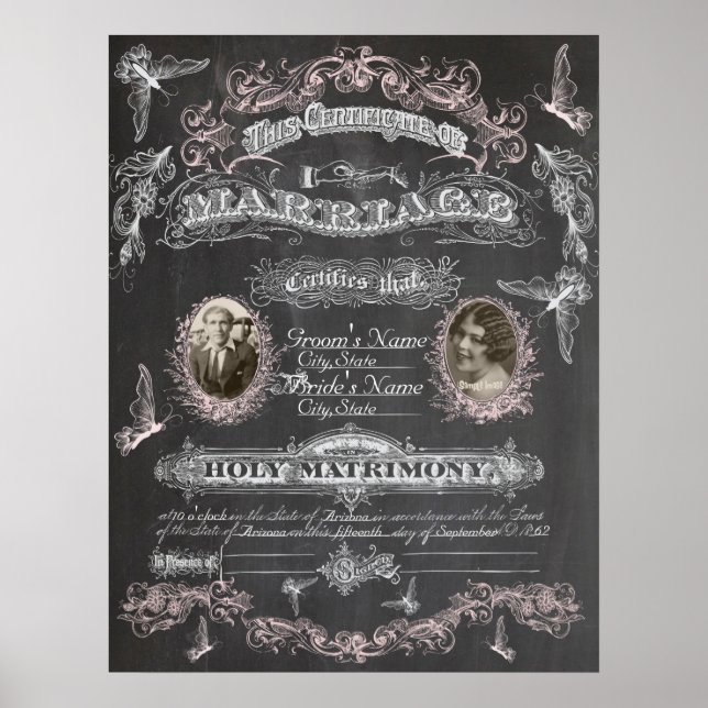Chalkboard Butterfly Vintages Ehezertifikat Poster (Vorne)