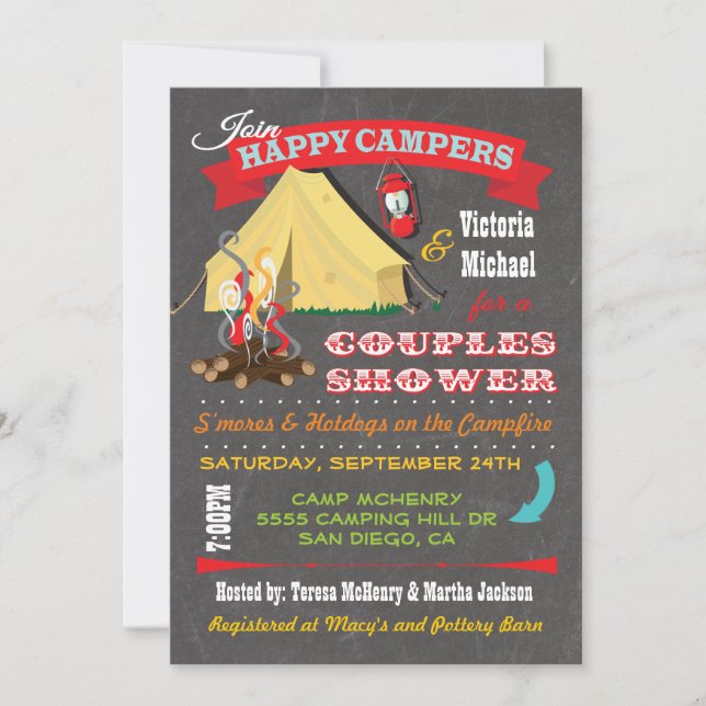 Chalkboard Camping Couples Douche Invitations (Devant)