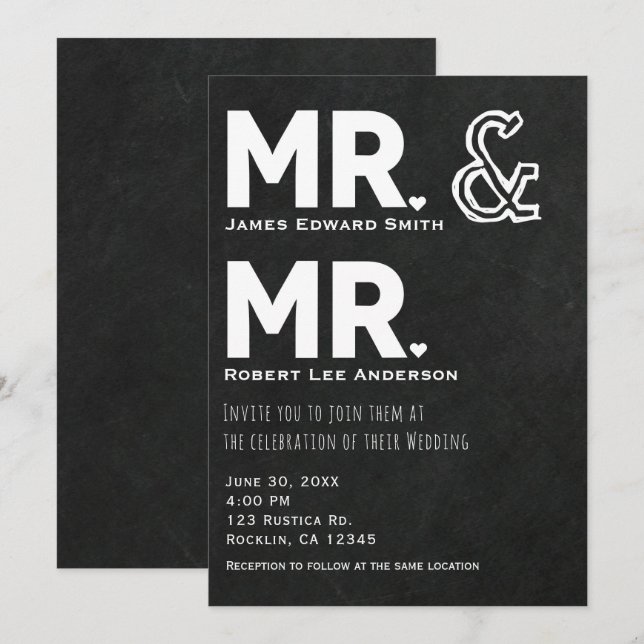 Chalkboard Chalk Herr & Mr. Gay Wedding Verlobung Einladung (Vorne/Hinten)