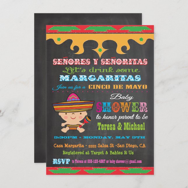 Chalkboard Cinco de Mayo Bébé invitations douche (Devant / Derrière)