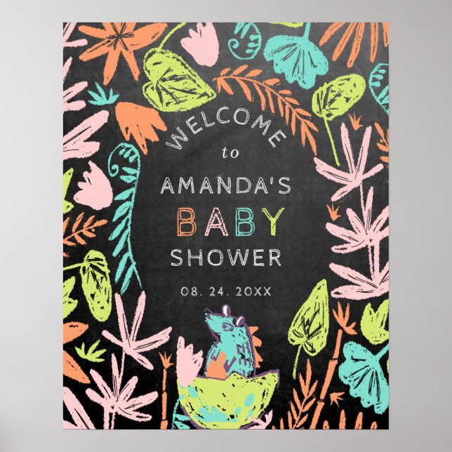 Chalkboard Colorful Dino Baby Dusche Willkommen Poster (Vorne)