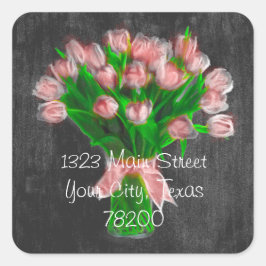 Chalkboard Coral Pink Tulips Adressetikett Quadratischer Aufkleber