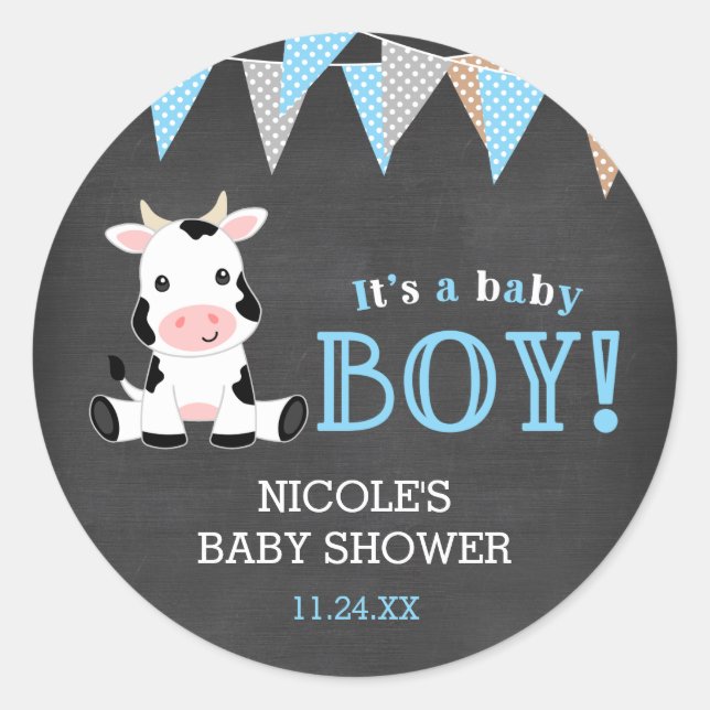 Chalkboard Cow Boy Baby Dusche Runder Aufkleber (Vorderseite)