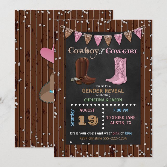 Chalkboard Cowboy oder Cowgirl Western Gender Reve Einladung (Vorne/Hinten)