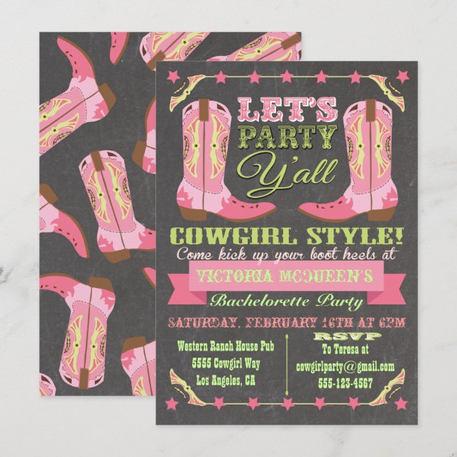 Chalkboard Cowgirl Western Junggeselinnen-Abschied Einladung (Vorne/Hinten)