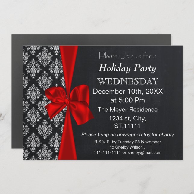 Chalkboard damask red bow Fête Invitation (Devant / Derrière)