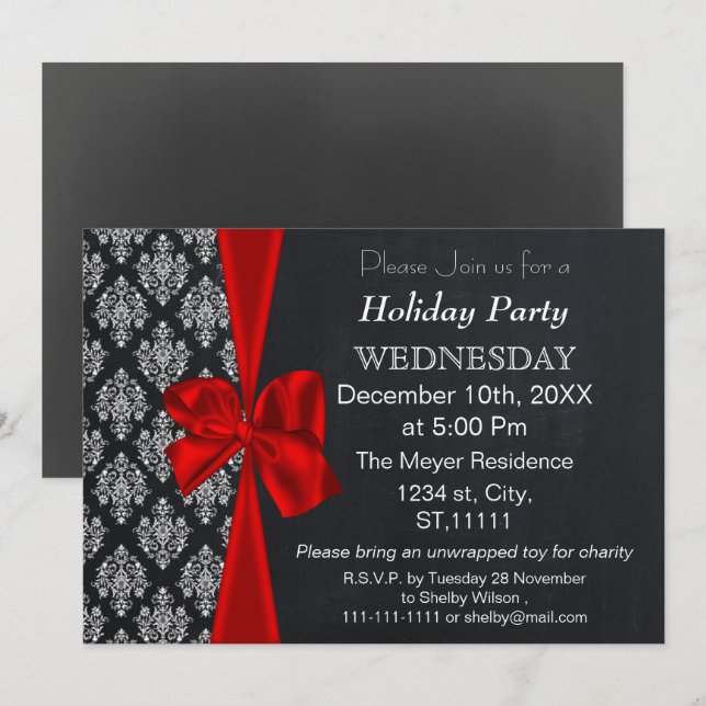 Chalkboard Damast roter Bogen Holiday Party Einlad Einladung (Vorne/Hinten)