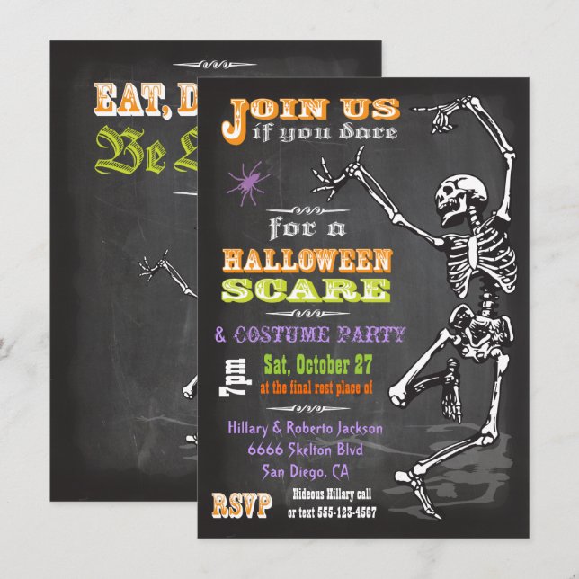 Chalkboard Dancing Skeleton Halloween Invitation (Devant / Derrière)