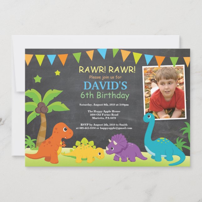 Chalkboard Dinosaur Anniversaire Invitation Dino P (Devant)