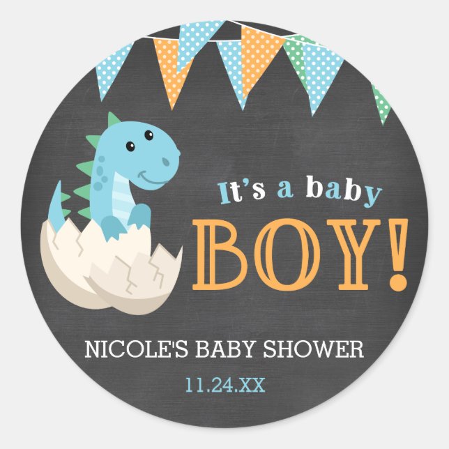 Chalkboard Dinosaur Boy Baby Dusche Runder Aufkleber (Vorderseite)