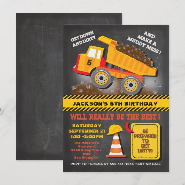 Chalkboard Dump Truck Construction Birthday Party Einladung (Vorne/Hinten)