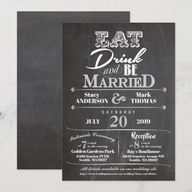 Chalkboard Eat Drink und Verheiratete Hochzeitsrei Einladung (Vorne/Hinten)