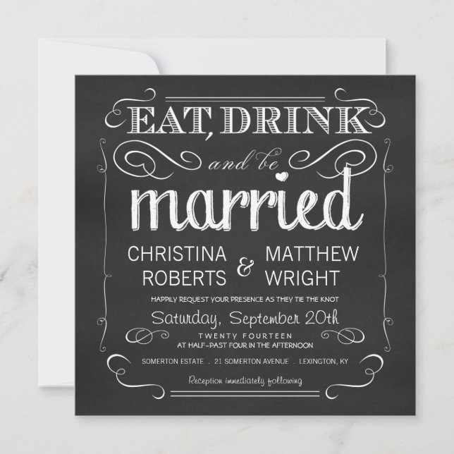 Chalkboard essen Drink Verheiratet Einladungen (Vorderseite)