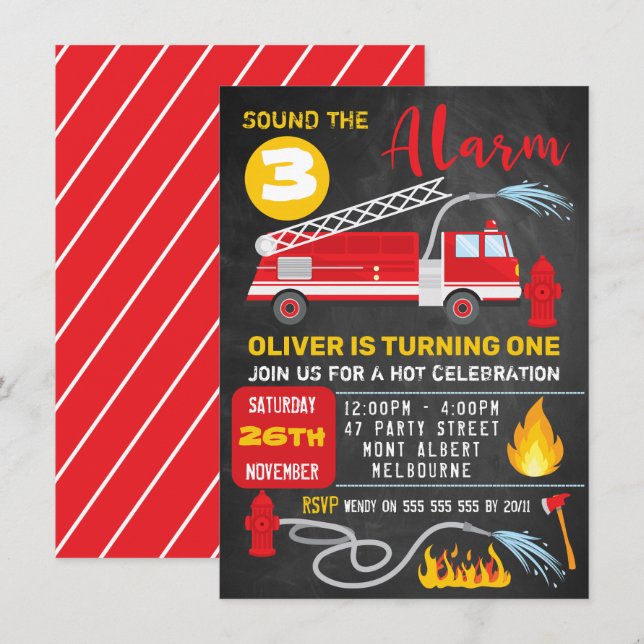 Chalkboard Fire Truck Birthday Einladung (Vorne/Hinten)