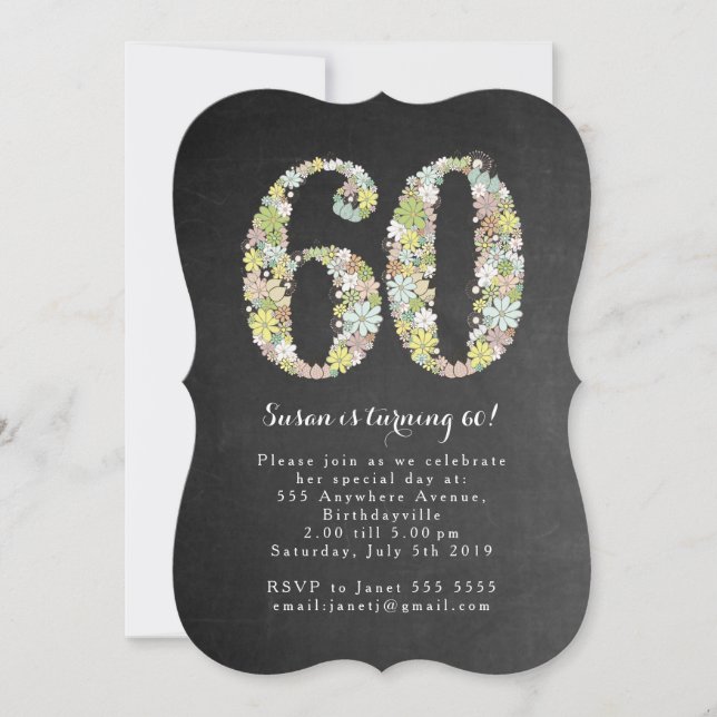 Chalkboard Floral 60e anniversaire Invitation de f (Devant)