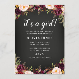 Chalkboard Floral Bourgogne Baby shower Invitation