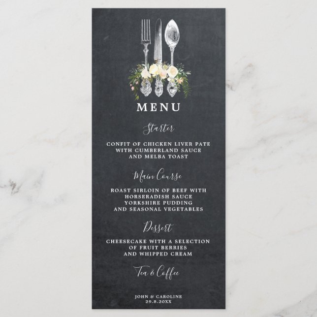 chalkboard floral couverts cartes menu mariage (Devant)
