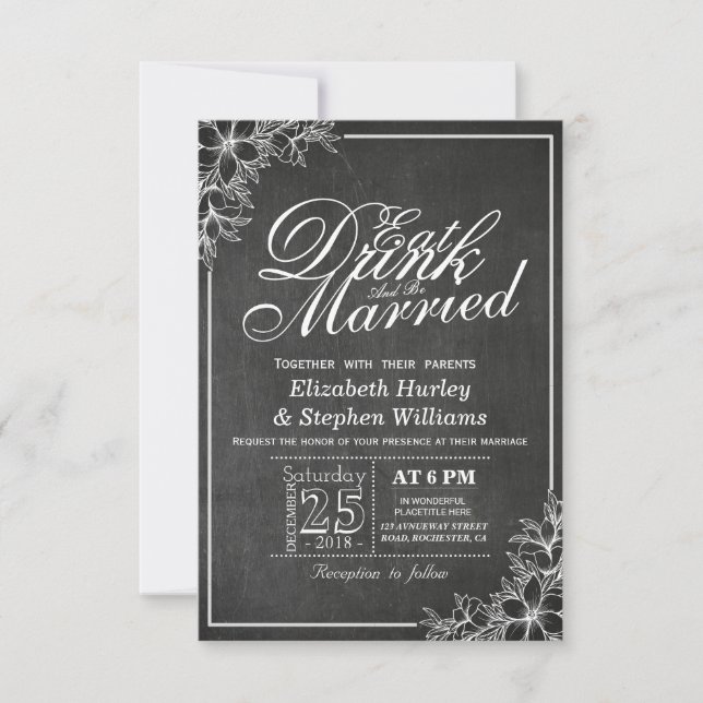 Chalkboard Floral EAT Drinks Verheiratet Hochzeit  Einladung (Vorderseite)