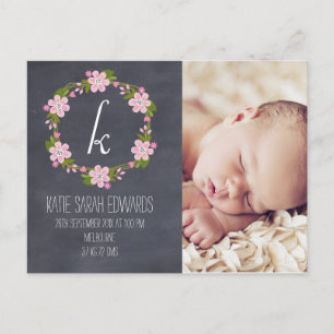 Chalkboard Floral Girl Baby Ankündigung Postkarte
