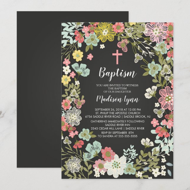 Chalkboard Floral GIRLS Taufe Einladung (Vorne/Hinten)