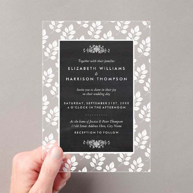 Chalkboard Floral Leaf Wedding Acryleinladungen (Insitu (Handheld))