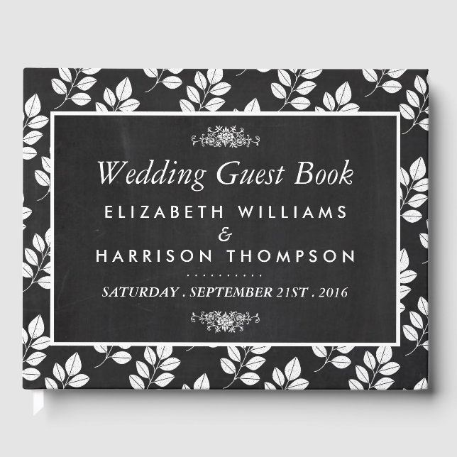 Chalkboard Floral Leaf Wedding Gästebuch (Vorderseite)