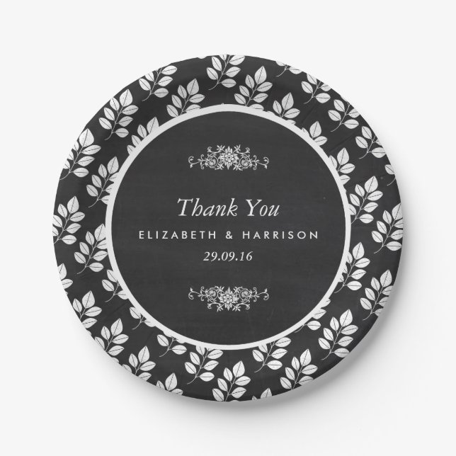 Chalkboard Floral Leaf Wedding Pappteller (Vorderseite)