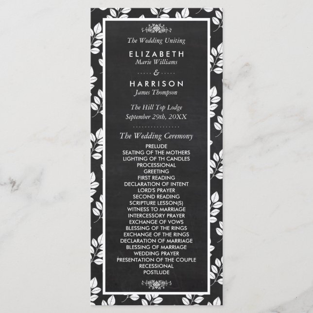 Chalkboard Floral Leaf Wedding Programme (Devant)