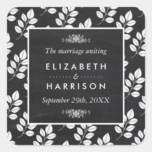 Chalkboard Floral Leaf Wedding Quadratischer Aufkleber (Vorderseite)