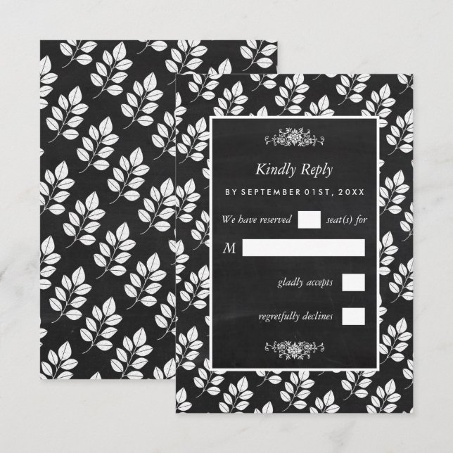 Chalkboard Floral Leaf Wedding RSVP Karte (Vorne/Hinten)
