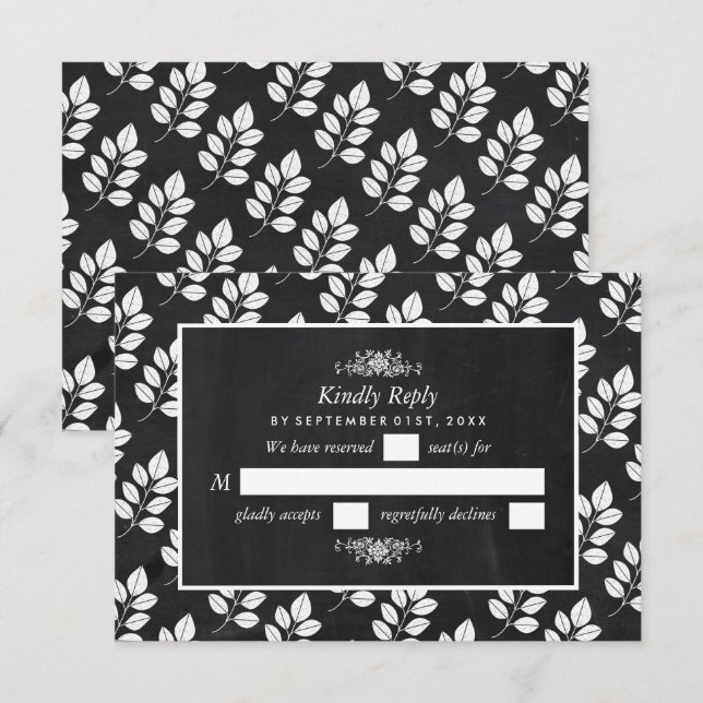 Chalkboard Floral Leaf Wedding RSVP Karte (Vorne/Hinten)