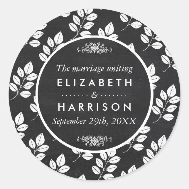 Chalkboard Floral Leaf Wedding Runder Aufkleber (Vorderseite)