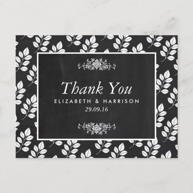 Chalkboard Floral Leaf Wedding Vielen Dank Postkarte (Vorderseite)