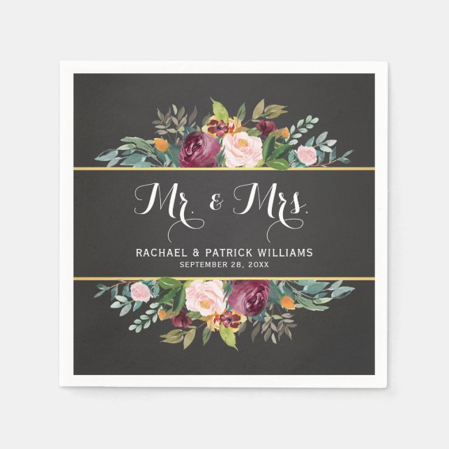 Chalkboard Floral Mr. and Mrs Wedding Serviette (Vorderseite)