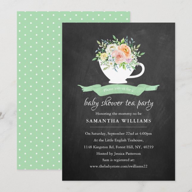 Chalkboard Floral Teacup Baby Shower Tee Party Einladung (Vorne/Hinten)