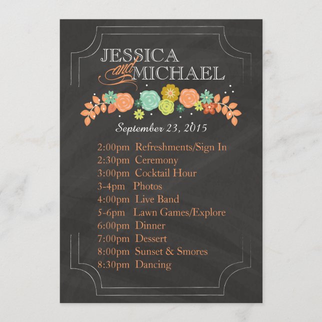 Chalkboard Floral Wedding Program ITINERARY CARD Programm (Vorderseite)