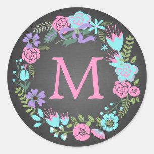 CHALKBOARD FLORALKETTEN-MONOGRAMM-ETIKETTEN RUNDER AUFKLEBER