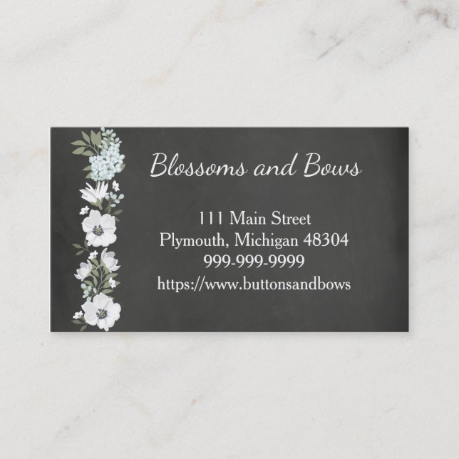 Chalkboard Flower Shop Business Card White Flowers Visitenkarte (Vorderseite)