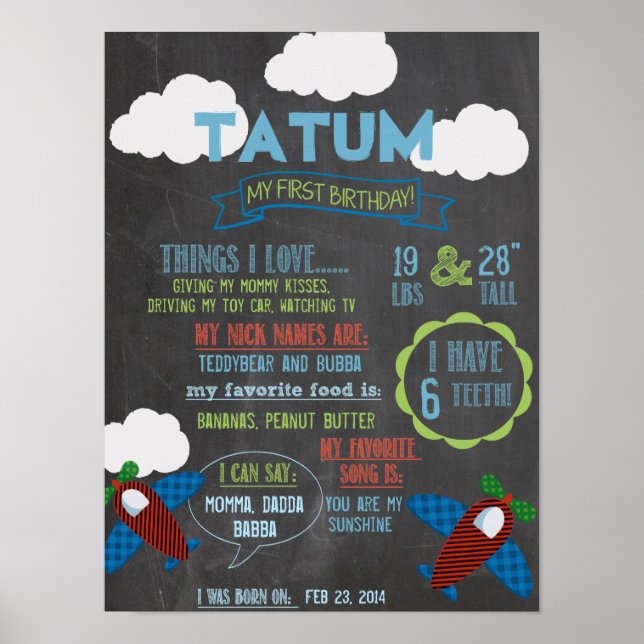 Chalkboard Flugzeug Party personalisiert 1 Jahr Po Poster (Vorne)