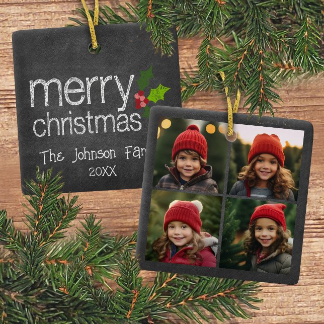 Chalkboard Foto Collage Frohe Weihnachtsfeier Keramikornament (4 Photo ornament with a Christmas greeting on the back)