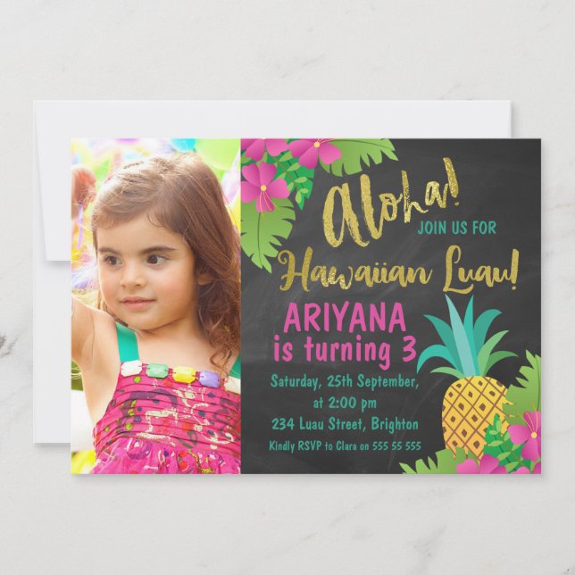 Chalkboard Foto Hawaiian Luau Einladung zum Geburt (Vorderseite)