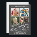 Chalkboard Frohe Weihnachten 4-Foto Flat Card<br><div class="desc">Mattierte Fensterscheibe Weihnachtsfeiertag flache Grußkarten mit vier Fotorahmen. Frische und festliche Retro-Tafel auf traditionellem schwarzen Hintergrund mit extravaganten heiligen Schriftrollen und rustikalen altmodischen typografischen Schriftzügen mit wirlem Schriftzeichen. Klicken Sie auf Anpassen, um den Innenrahmen für unterschiedliche Fotos oder ungerade Formen anzupassen. Fügen Sie Ihre Lieblings-Ferien Familie Fotos und passen Sie...</div>