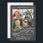 Chalkboard Frohe Weihnachten 4-Foto Flat Card<br><div class="desc">Mattierte Fensterscheibe Weihnachtsfeiertag flache Grußkarten mit vier Fotorahmen. Frische und festliche Retro-Tafel auf traditionellem schwarzen Hintergrund mit extravaganten heiligen Schriftrollen und rustikalen altmodischen typografischen Schriftzügen mit wirlem Schriftzeichen. Klicken Sie auf Anpassen, um den Innenrahmen für unterschiedliche Fotos oder ungerade Formen anzupassen. Fügen Sie Ihre Lieblings-Ferien Familie Fotos und passen Sie...</div>