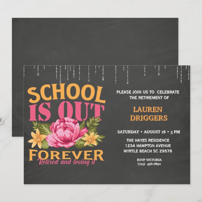 Chalkboard Funny Teacher Floral Rente Invii Einladung (Vorne/Hinten)
