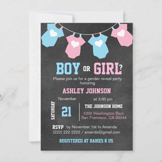 Chalkboard GENDER REVEAL Party Baby Showeinladunge Einladung (Vorderseite)