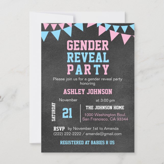 Chalkboard GENDER REVEAL PARTY Babydusche Einladung (Vorderseite)