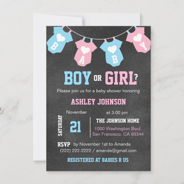 Chalkboard GENDER REVEAL Party Babydusche lädt ein Einladung (Vorderseite)