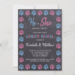 Chalkboard Gender Reveal Paw Prints Blue Pink Einladung