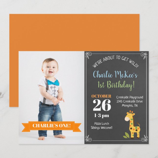 Chalkboard Giraffe Invitation photo tendance Anniv (Devant / Derrière)